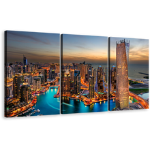 Load image into Gallery viewer, Marina City Canvas Print, Cloudy Yellow Sunset Sky Triptych Canvas Set, Orange Dubai City Skyline 3 Piece Wall Art
