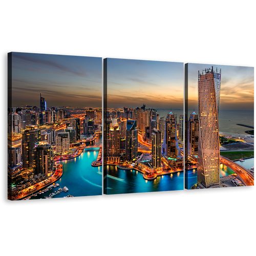 Marina City Canvas Print, Cloudy Yellow Sunset Sky Triptych Canvas Set, Orange Dubai City Skyline 3 Piece Wall Art