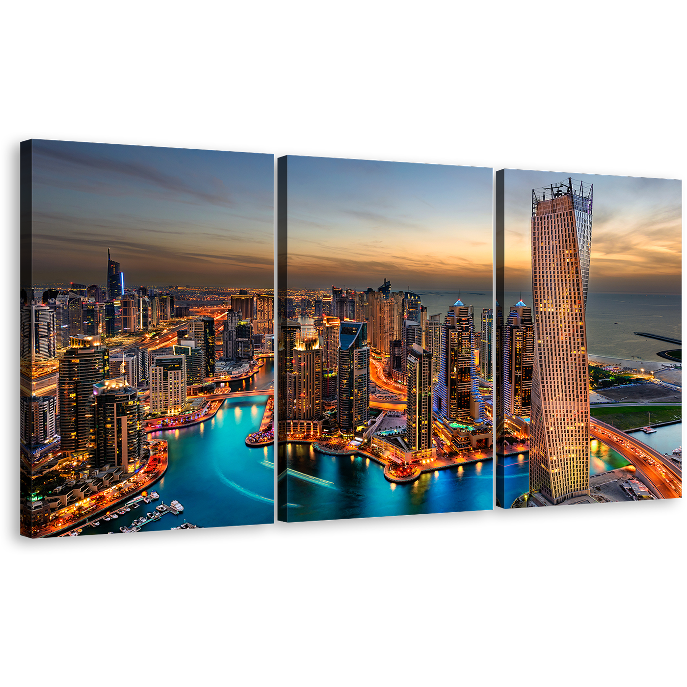 Marina City Canvas Print, Cloudy Yellow Sunset Sky Triptych Canvas Set, Orange Dubai City Skyline 3 Piece Wall Art