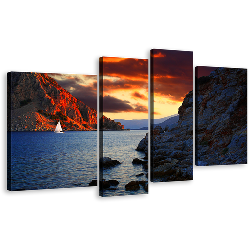 Marmaris Harbor Wall Art, Turkey Orange Cloudy Sky Ocean Rocks Canvas Set, Blue Ocean Mountains 4 Piece Canvas Print