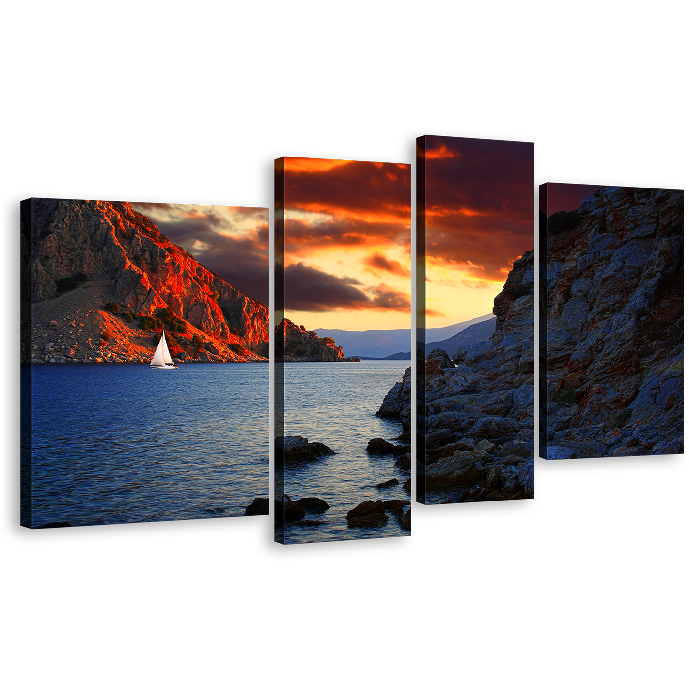 Marmaris Harbor Wall Art, Turkey Orange Cloudy Sky Ocean Rocks Canvas Set, Blue Ocean Mountains 4 Piece Canvas Print