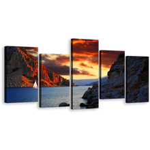 Load image into Gallery viewer, Marmaris Ocean Wall Art, Blue Ocean Mountains 5 Piece Multiple Canvas, Turkey Orange Cloudy Sky Canvas Print
