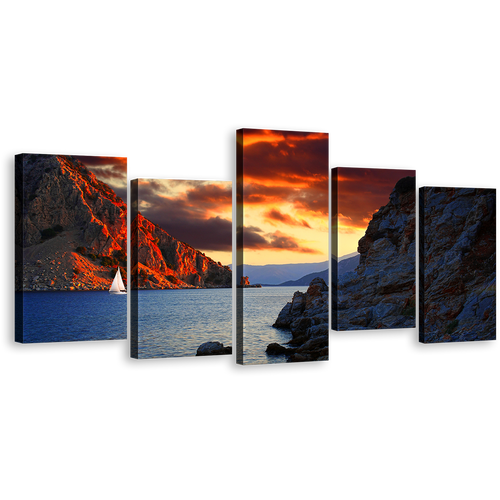 Marmaris Ocean Wall Art, Blue Ocean Mountains 5 Piece Multiple Canvas, Turkey Orange Cloudy Sky Canvas Print