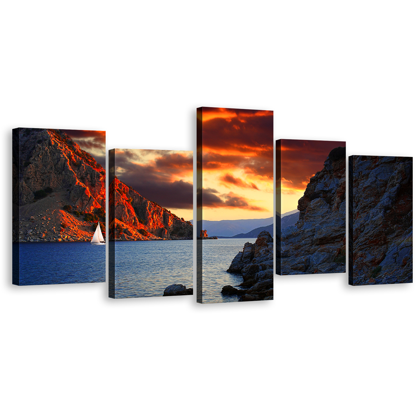 Marmaris Ocean Wall Art, Blue Ocean Mountains 5 Piece Multiple Canvas, Turkey Orange Cloudy Sky Canvas Print