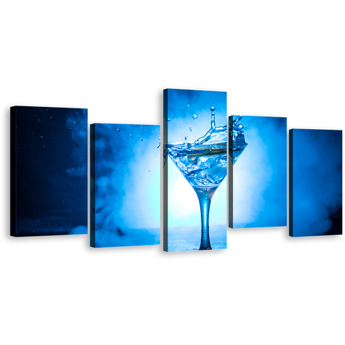 Martini Cocktail Canvas Print, White Background Martini Glass 5 Piece Canvas Wall Art, Blue Cocktail Drink Canvas Set