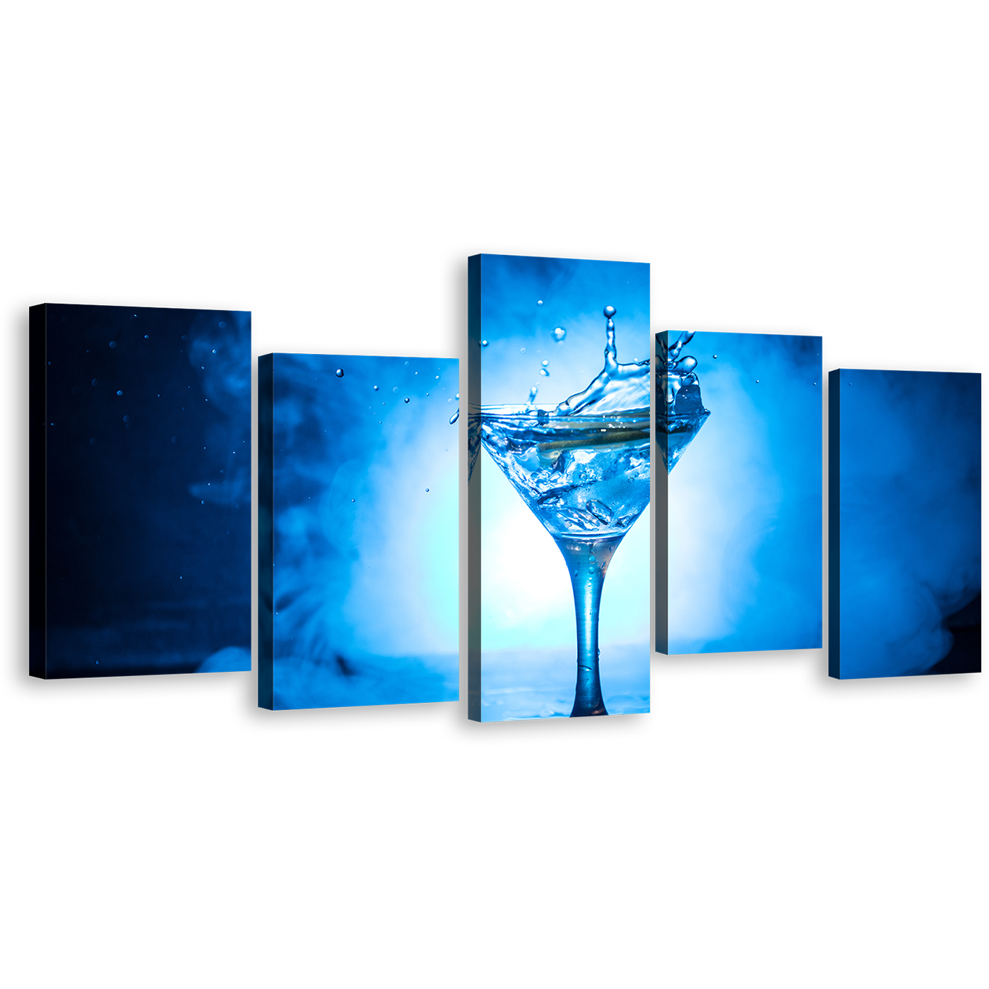 Martini Cocktail Canvas Print, White Background Martini Glass 5 Piece Canvas Wall Art, Blue Cocktail Drink Canvas Set