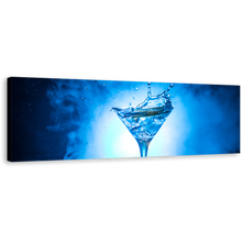 Load image into Gallery viewer, Martini Glass Canvas Wall Art, Blue Cocktail Splash 1 Piece Canvas Print, White Cocktail Splashing Wide Canvas
