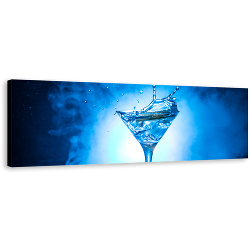 Martini Glass Canvas Wall Art, Blue Cocktail Splash 1 Piece Canvas Print, White Cocktail Splashing Wide Canvas