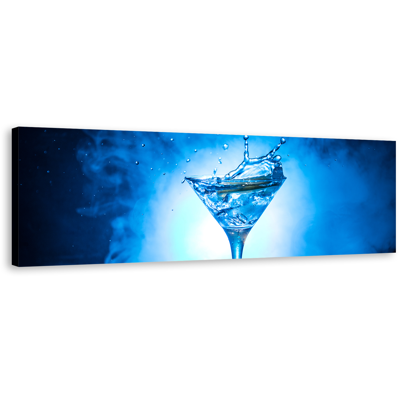 Martini Glass Canvas Wall Art, Blue Cocktail Splash 1 Piece Canvas Print, White Cocktail Splashing Wide Canvas