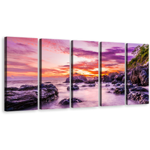 Load image into Gallery viewer, Matamanoa Beach Wall Art, Purple Fiji Ocean Rocks Multi Canvas, Tokoriki Island Orange Sky 5 Piece Canvas Print
