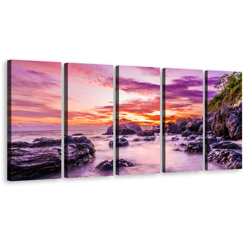 Matamanoa Beach Wall Art, Purple Fiji Ocean Rocks Multi Canvas, Tokoriki Island Orange Sky 5 Piece Canvas Print