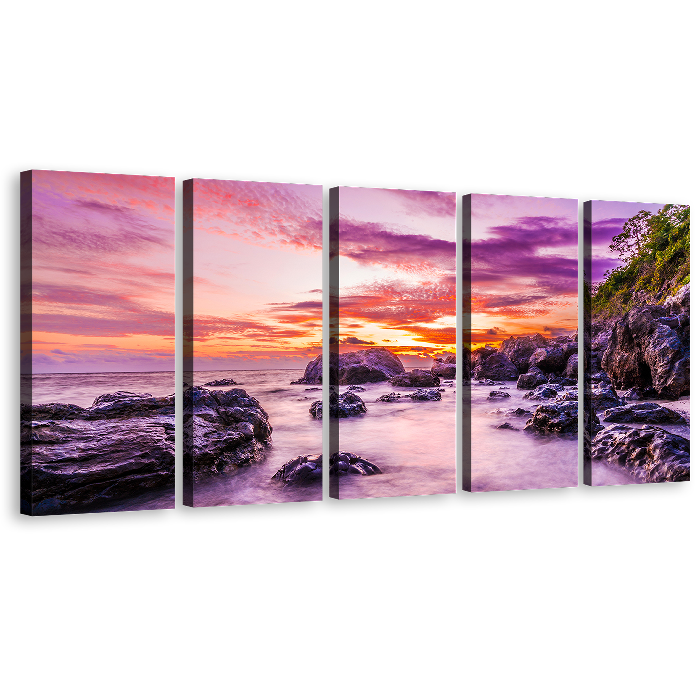 Matamanoa Beach Wall Art, Purple Fiji Ocean Rocks Multi Canvas, Tokoriki Island Orange Sky 5 Piece Canvas Print