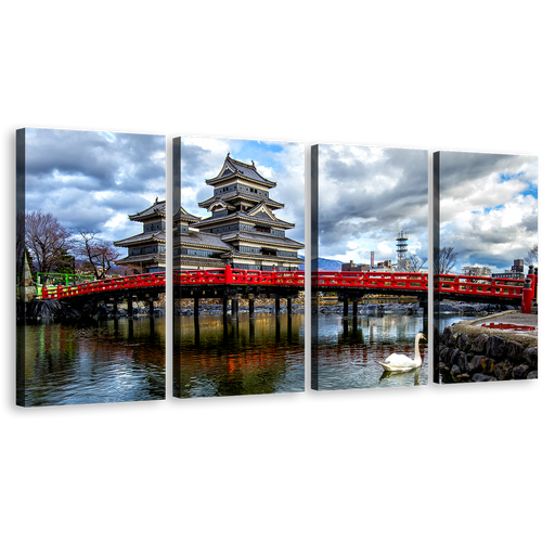 Matsumoto Castle Canvas Wall Art, Medieval Castle Canvas Artwork, Blue Sky Nagano Ken Japan Canvas ,Red Bridge in Eastern Honshu 4 Piece Canvas Set