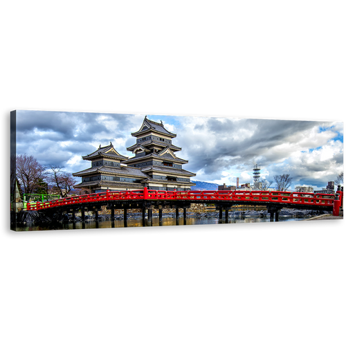 Medieval Castle Canvas Wall Art, Matsumoto Castle Panoramic Canvas Print, Red Bridge in Eastern Honshu Wide Canvas, Blue Sky Nagano Ken Japan Canvas Artwork