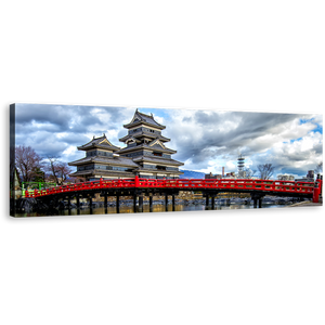 Medieval Castle Canvas Wall Art, Matsumoto Castle Panoramic Canvas Print, Red Bridge in Eastern Honshu Wide Canvas, Blue Sky Nagano Ken Japan Canvas Artwork