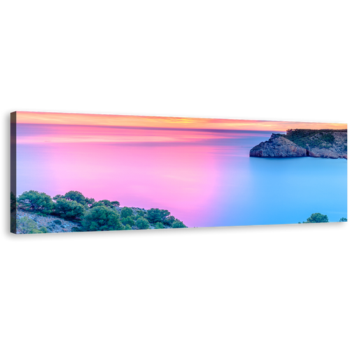 Mediterranean Sea Canvas Wall Art, Cloudy Orange Ocean Sky 1 Piece Canvas Print, Spain Blue Pink Ocean Canvas Artwork