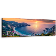 Load image into Gallery viewer, Mediterranean Sea Canvas Wall Art, Colorful Ionian Islands Panoramic Canvas Print, Greece Yellow Sunset Petani Beach Canvas Artwork
