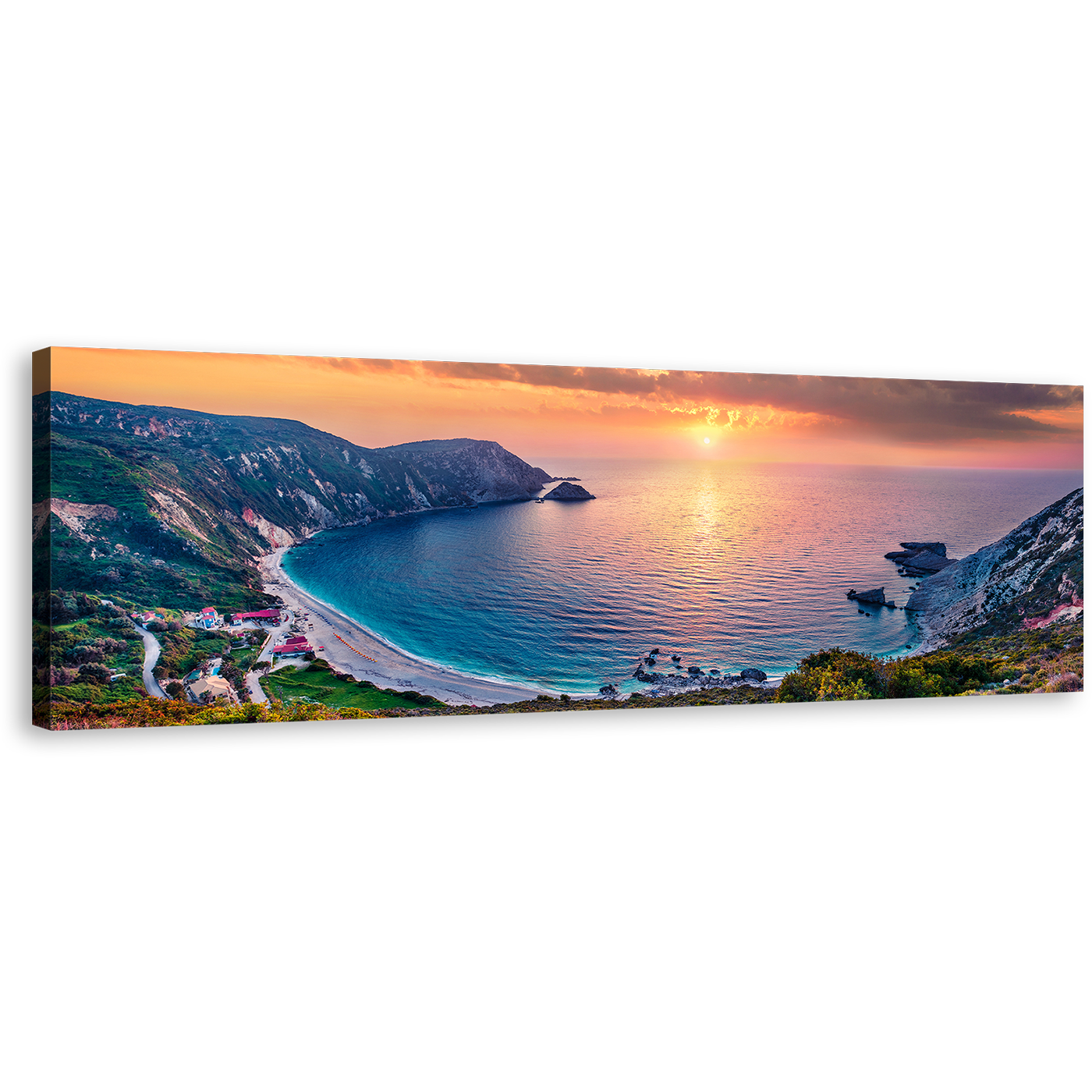 Mediterranean Sea Canvas Wall Art, Colorful Ionian Islands Panoramic Canvas Print, Greece Yellow Sunset Petani Beach Canvas Artwork