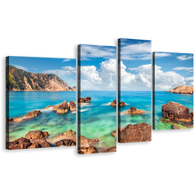 Load image into Gallery viewer, Mediterranen Sea Canvas Wall Art, Brown Ocean Rocks Petani Beach Canvas Print, Green Blue Cephalonia Island 4 Piece Multiple Canvas
