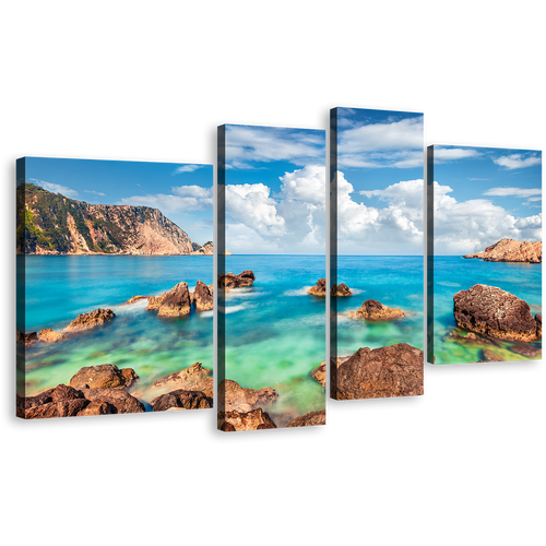 Mediterranen Sea Canvas Wall Art, Brown Ocean Rocks Petani Beach Canvas Print, Green Blue Cephalonia Island 4 Piece Multiple Canvas