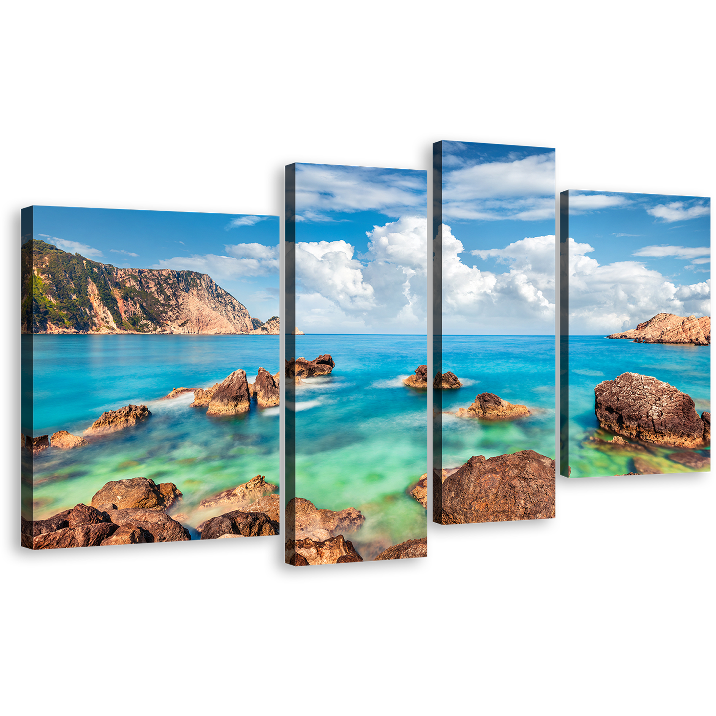 Mediterranen Sea Canvas Wall Art, Brown Ocean Rocks Petani Beach Canvas Print, Green Blue Cephalonia Island 4 Piece Multiple Canvas