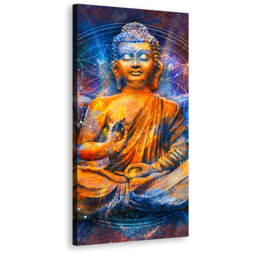 Mediting Buddha Canvas Wall Art, Orange Buddha Digital Painting 1 Piece Canvas Artwork, Blue Light Buddha Canvas Print