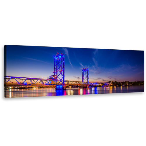 Memorial Bridge Canvas Wall Art, New Hampshire Blue Night Sky Panoramic Canvas, Orange Piscataqua River City Bridge 1 Piece Canvas Print