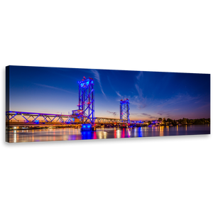 Memorial Bridge Canvas Wall Art, New Hampshire Blue Night Sky Panoramic Canvas, Orange Piscataqua River City Bridge 1 Piece Canvas Print