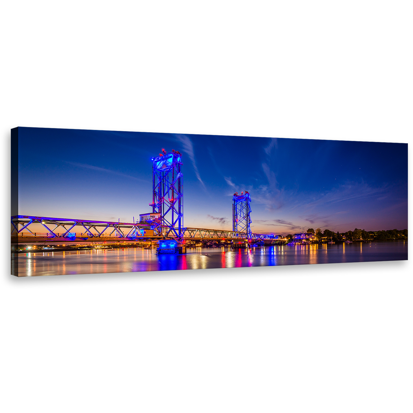 Memorial Bridge Canvas Wall Art, New Hampshire Blue Night Sky Panoramic Canvas, Orange Piscataqua River City Bridge 1 Piece Canvas Print