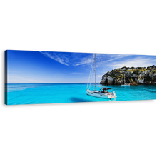 Load image into Gallery viewer, Menorca Island Wall Art, Spain Yellow Blue Sky Panoramic Canvas Art, Sailing Boat Harbors Canals Canvas Print
