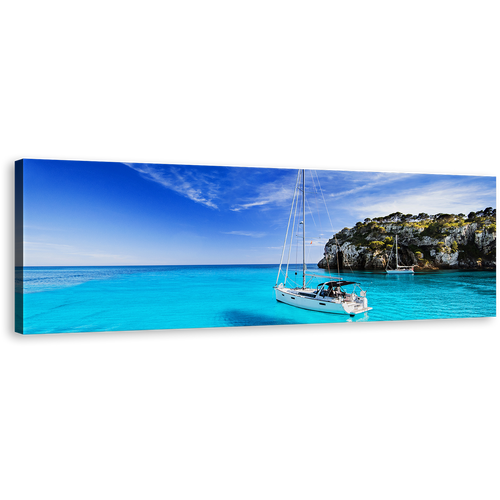 Menorca Island Wall Art, Spain Yellow Blue Sky Panoramic Canvas Art, Sailing Boat Harbors Canals Canvas Print