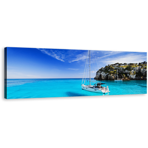 Menorca Island Wall Art, Spain Yellow Blue Sky Panoramic Canvas Art, Sailing Boat Harbors Canals Canvas Print