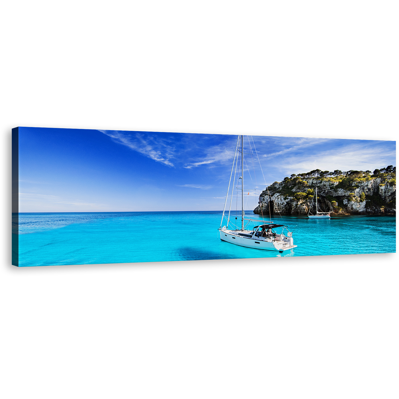 Menorca Island Wall Art, Spain Yellow Blue Sky Panoramic Canvas Art, Sailing Boat Harbors Canals Canvas Print