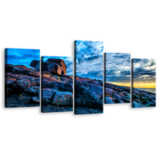 Load image into Gallery viewer, Merimbula Ocean Canvas Wall Art, Yellow Sky Short Point Sea 5 Piece Canvas Print, Australia Blue Clouds Ocean Rocks Multiple Canvas
