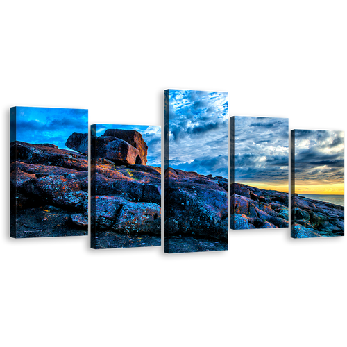 Merimbula Ocean Canvas Wall Art, Yellow Sky Short Point Sea 5 Piece Canvas Print, Australia Blue Clouds Ocean Rocks Multiple Canvas