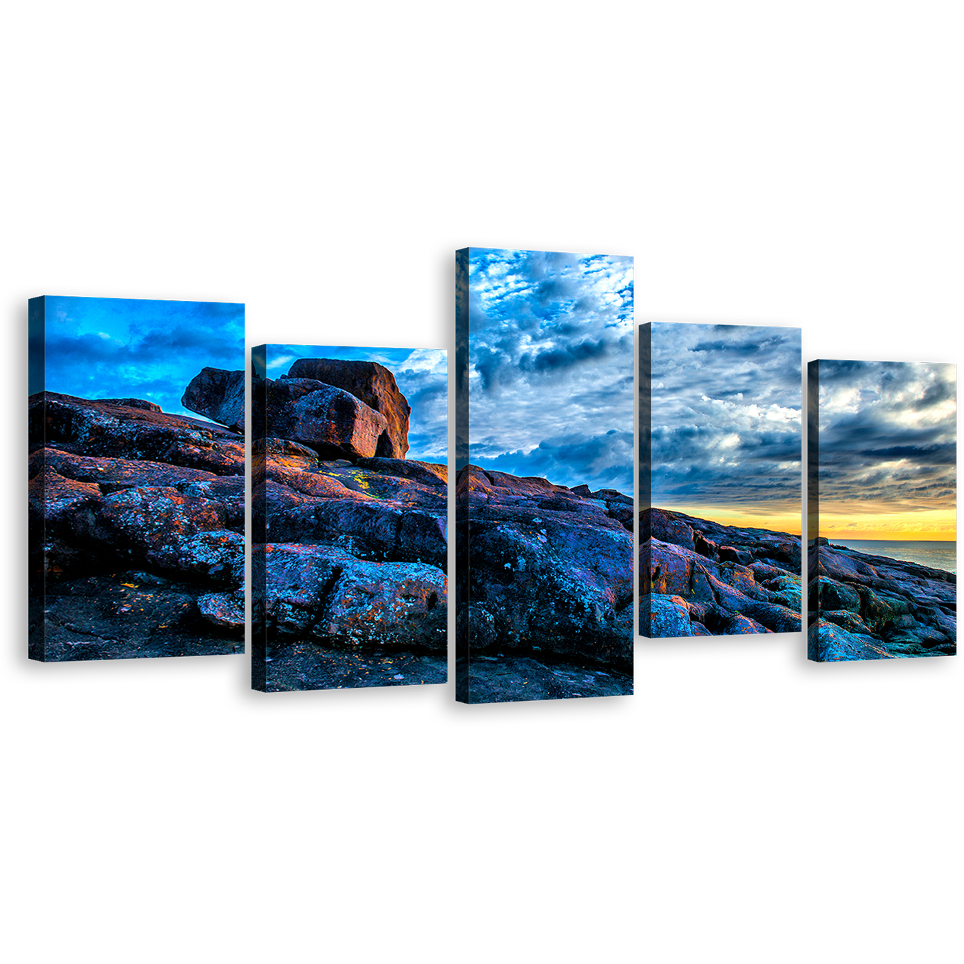 Merimbula Ocean Canvas Wall Art, Yellow Sky Short Point Sea 5 Piece Canvas Print, Australia Blue Clouds Ocean Rocks Multiple Canvas