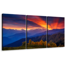 Load image into Gallery viewer, Mestia Landscape Canvas Wall Art, Europe Caucasus Ridge Mt Ushba Canvas Print, Dramatic Orange Sunbeams Sky Canvas Set, Georgia Blue Mountain 3 Piece Canvas
