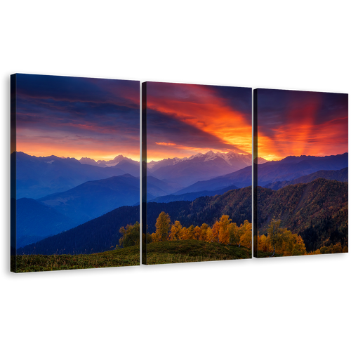 Mestia Landscape Canvas Wall Art, Europe Caucasus Ridge Mt Ushba Canvas Print, Dramatic Orange Sunbeams Sky Canvas Set, Georgia Blue Mountain 3 Piece Canvas