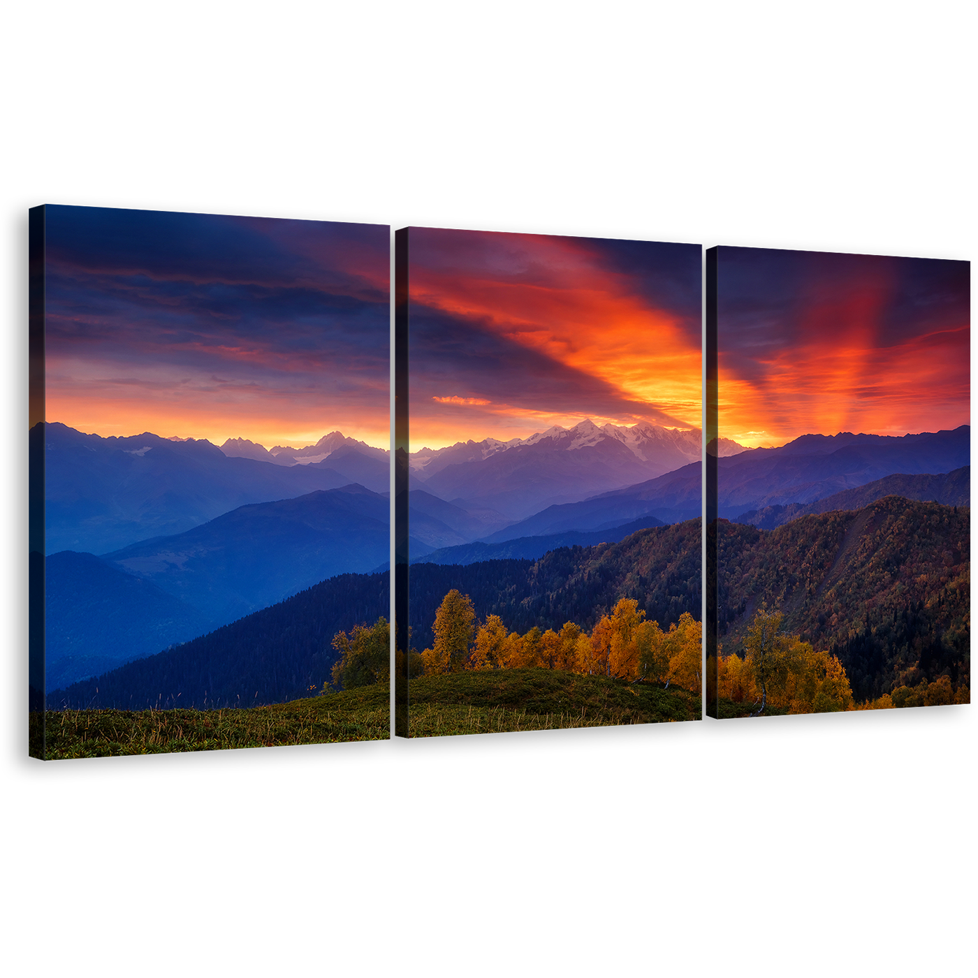 Mestia Landscape Canvas Wall Art, Europe Caucasus Ridge Mt Ushba Canvas Print, Dramatic Orange Sunbeams Sky Canvas Set, Georgia Blue Mountain 3 Piece Canvas