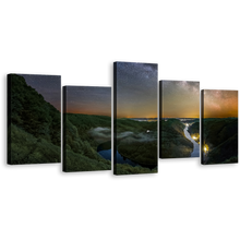 Load image into Gallery viewer, Mettlach Germany Canvas Wall Art, Saar Loop Green Landscape 5 Piece Multi Canvas Artwork, Cloef Orscholz River Grey Sky Canvas Print
