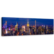 Load image into Gallery viewer, Midtown Manhattan Canvas Print, Empire State Building Canvas Artwork, NYC at Blue Night 1 Piece Canvas Wall Art, Yellow City Lights Wide Canvas
