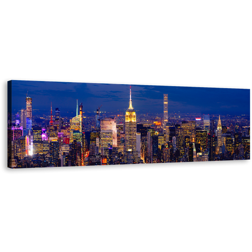 Midtown Manhattan Canvas Print, Empire State Building Canvas Artwork, NYC at Blue Night 1 Piece Canvas Wall Art, Yellow City Lights Wide Canvas