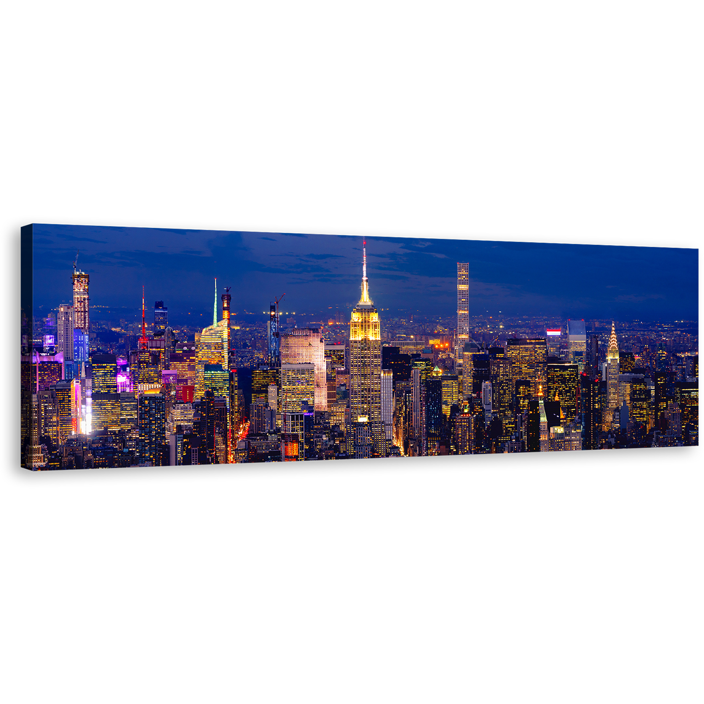 Midtown Manhattan Canvas Print, Empire State Building Canvas Artwork, NYC at Blue Night 1 Piece Canvas Wall Art, Yellow City Lights Wide Canvas