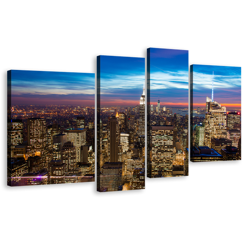 Midtown Manhattan Canvas Wall Art, Brown New York City Canvas Set, Blue Sky Cityscape Canvas Print, NYC at Evening 4 Piece Canvas