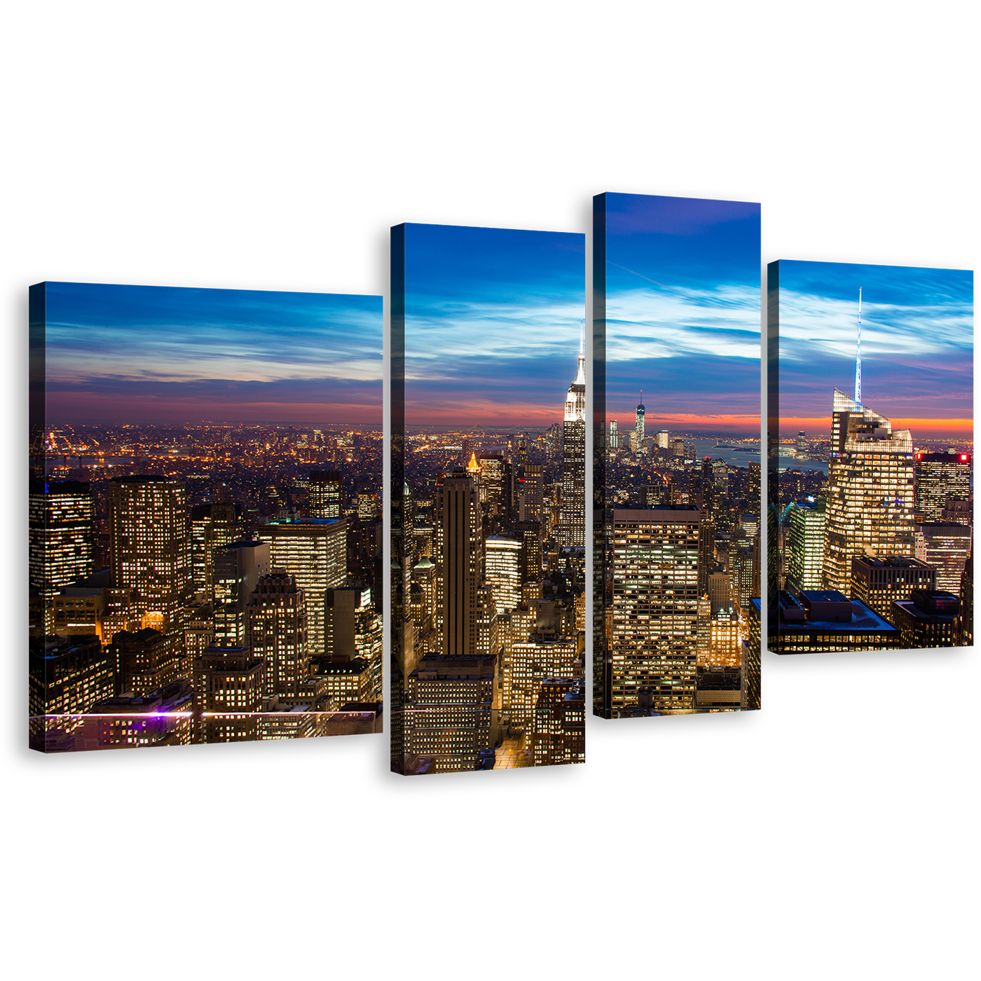 Midtown Manhattan Canvas Wall Art, Brown New York City Canvas Set, Blue Sky Cityscape Canvas Print, NYC at Evening 4 Piece Canvas