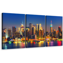 Load image into Gallery viewer, Midtown Manhattan Canvas Wall Art, Orange Sky NYC Cityscape Multi Canvas, New York Empire State Building 3 Piece Canvas Print, Yellow Manhattan City Lights Split Canvas
