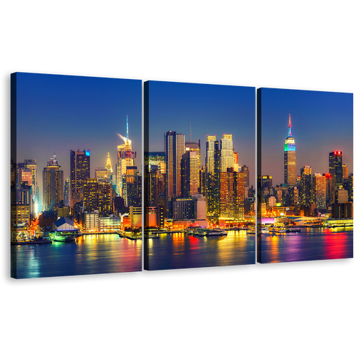 Midtown Manhattan Canvas Wall Art, Orange Sky NYC Cityscape Multi Canvas, New York Empire State Building 3 Piece Canvas Print, Yellow Manhattan City Lights Split Canvas