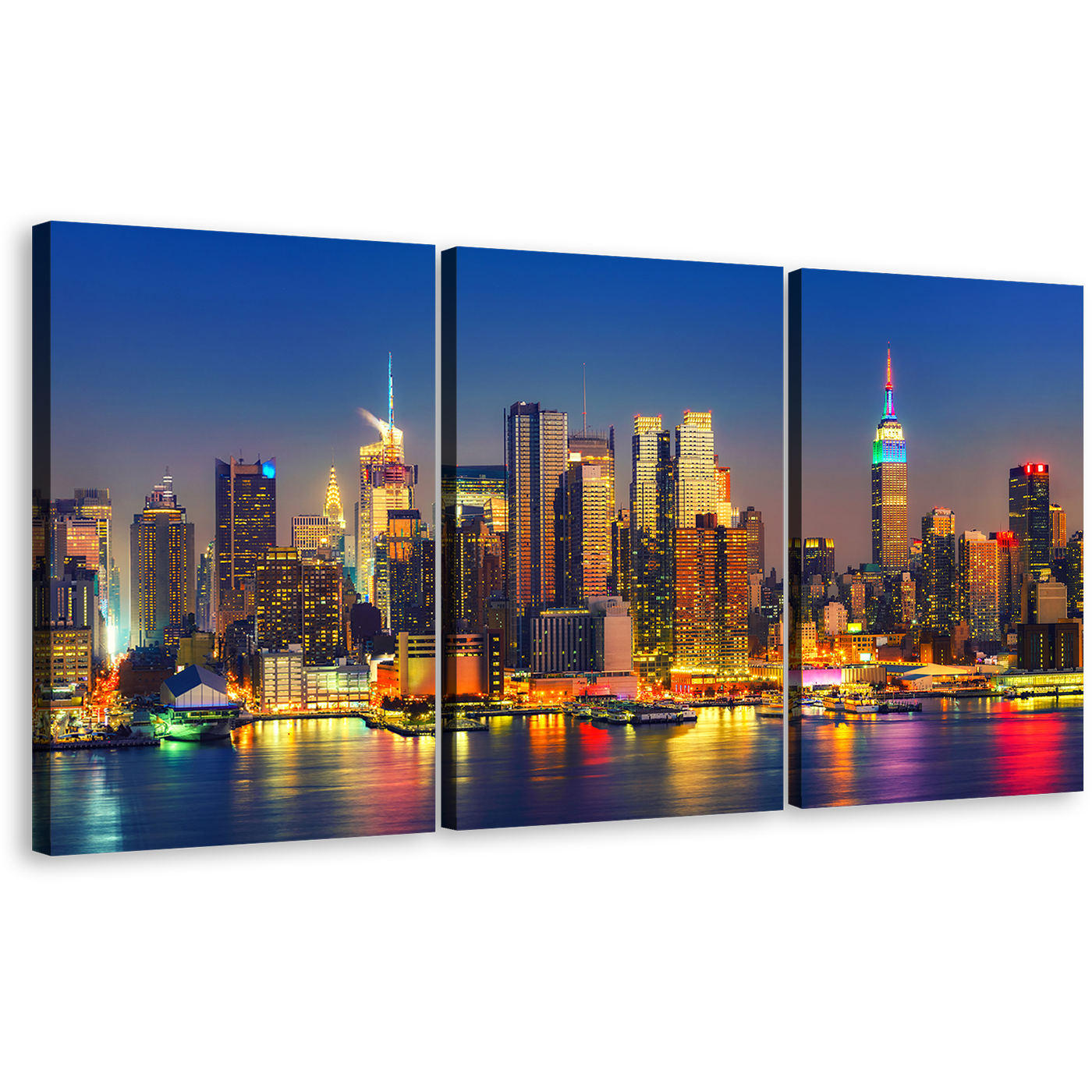 Midtown Manhattan Canvas Wall Art, Orange Sky NYC Cityscape Multi Canvas, New York Empire State Building 3 Piece Canvas Print, Yellow Manhattan City Lights Split Canvas