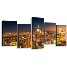 Load image into Gallery viewer, Midtown Manhattan Canvas Wall Art, Orange Sky NYC Cityscape Multi Canvas, New York Empire State Building 5 Piece Canvas Print, Yellow Manhattan City Lights Split Canvas
