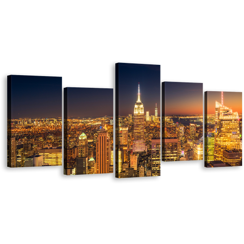 Midtown Manhattan Canvas Wall Art, Orange Sky NYC Cityscape Multi Canvas, New York Empire State Building 5 Piece Canvas Print, Yellow Manhattan City Lights Split Canvas